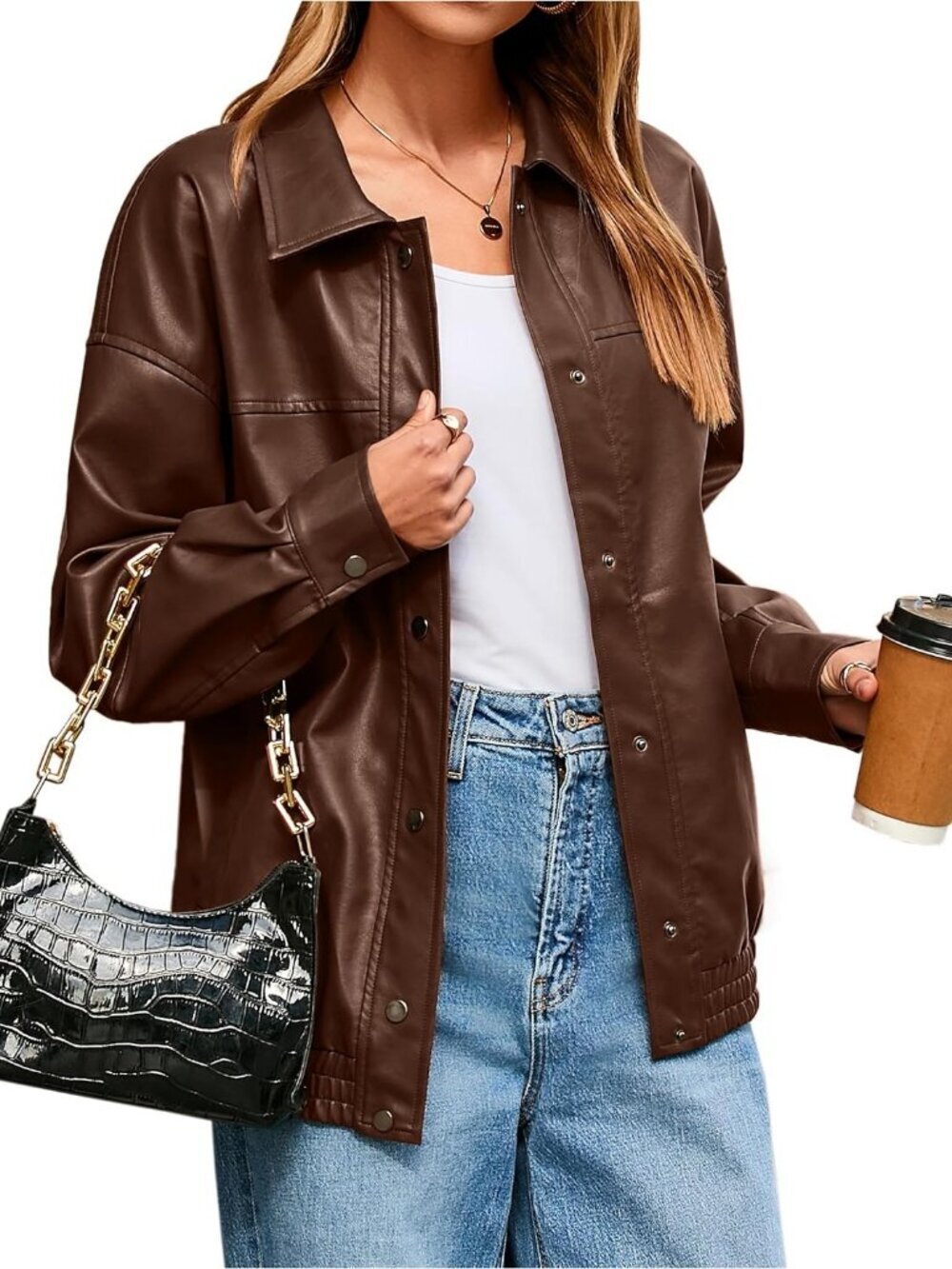 Women's Brown Polyurethane Trendy Loose Fit Button Down Stylish Leather Jacket